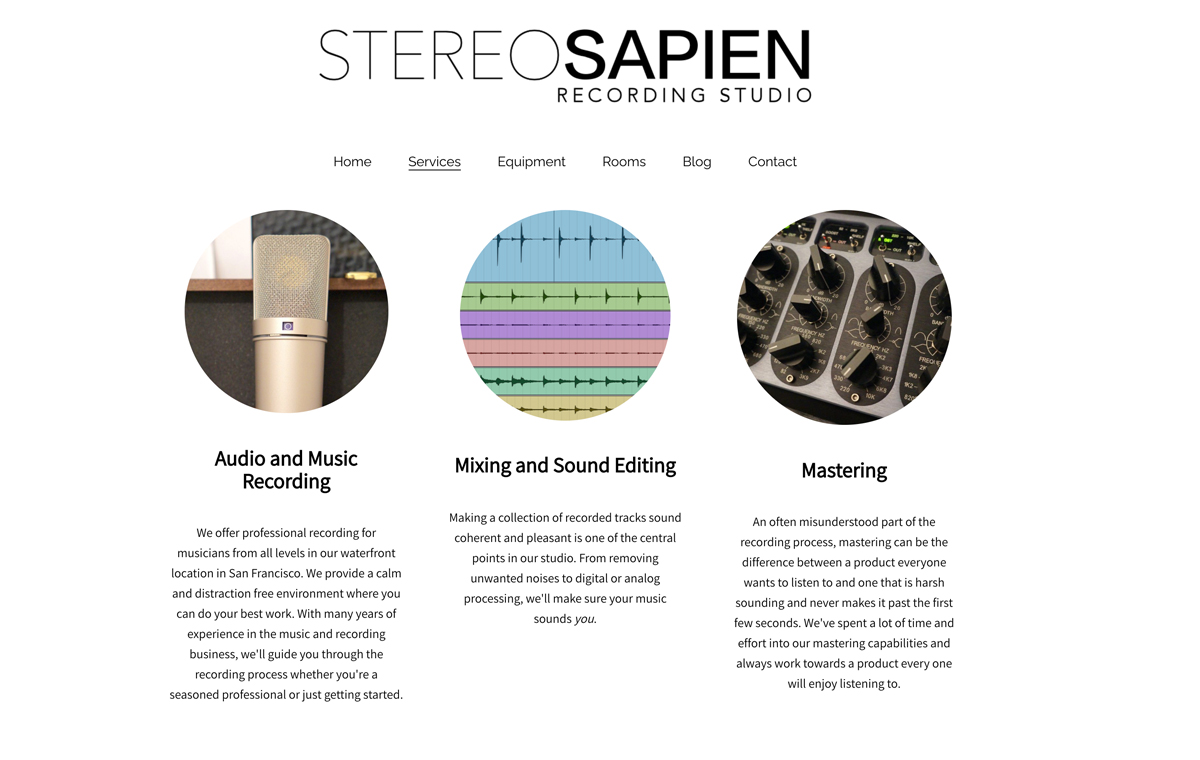 Recording studio website example Stereo Sapien