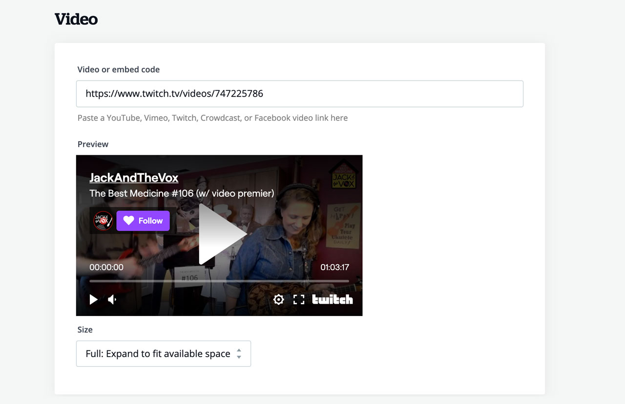 Integrate Twitch and Crowdcast video onto your music website