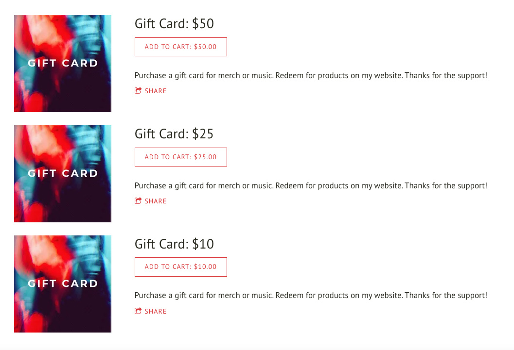 Bandzoogle Blog - Ways to use gift cards on your band website - Example