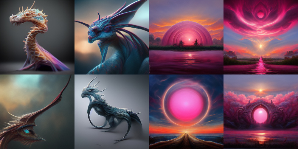 Two rows of four AI artwork images - subject is repeated in top+bottom for each column, with a more impactful image in the bottom version. Columns 1+2: dragons. Columns 3+4: landscape of purple orb and sun laying low on cloudy horizon over water