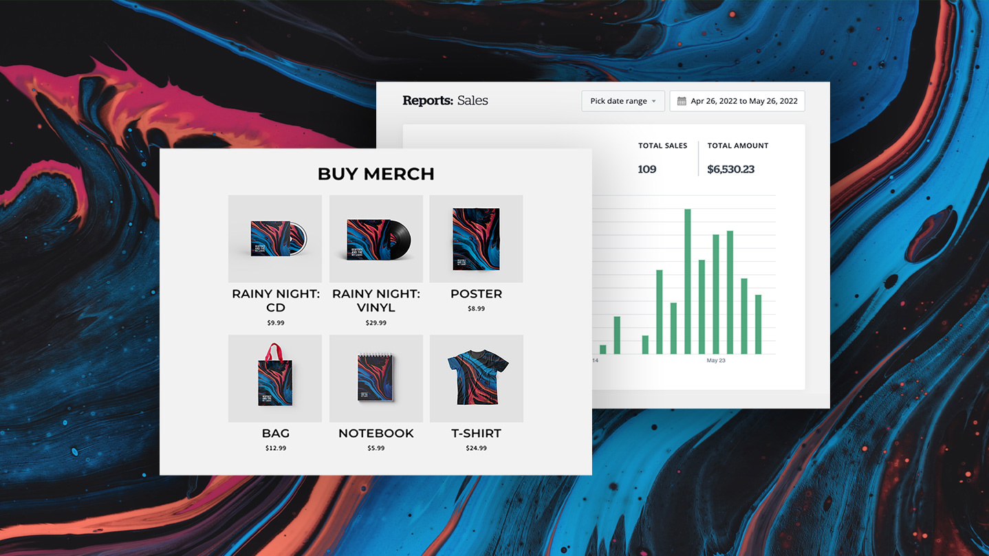 Screenshot of a website store with music and merch, and screenshot of a stats page behind that, reporting sales data