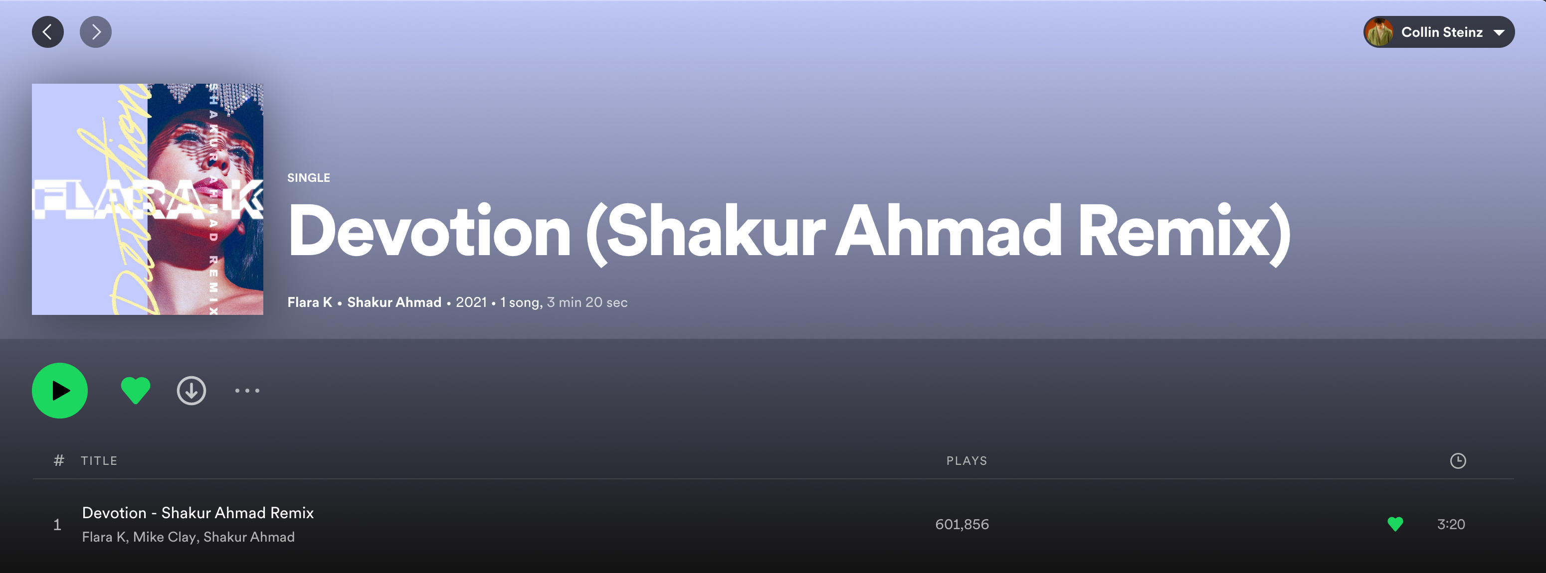 Screenshot of artist Flara K's 'Devotion (Shakur Ahmad Remix)' single on Spotify