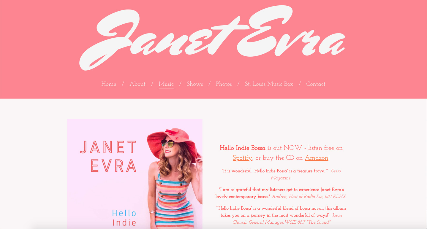 Screenshot of Bandzoogle website for artist 'Janet Evra'
