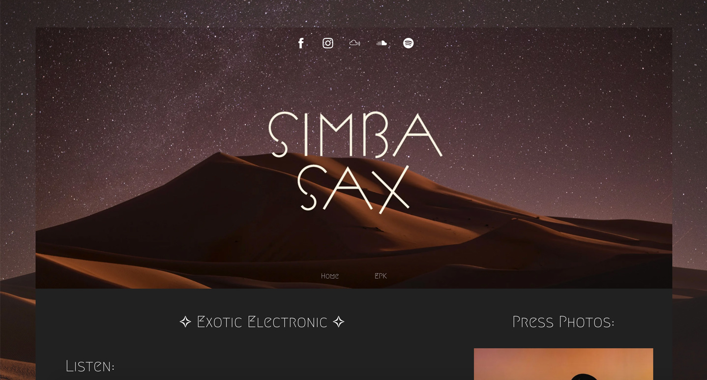 Screenshot of Bandzoogle website for artist 'Simba Sax'