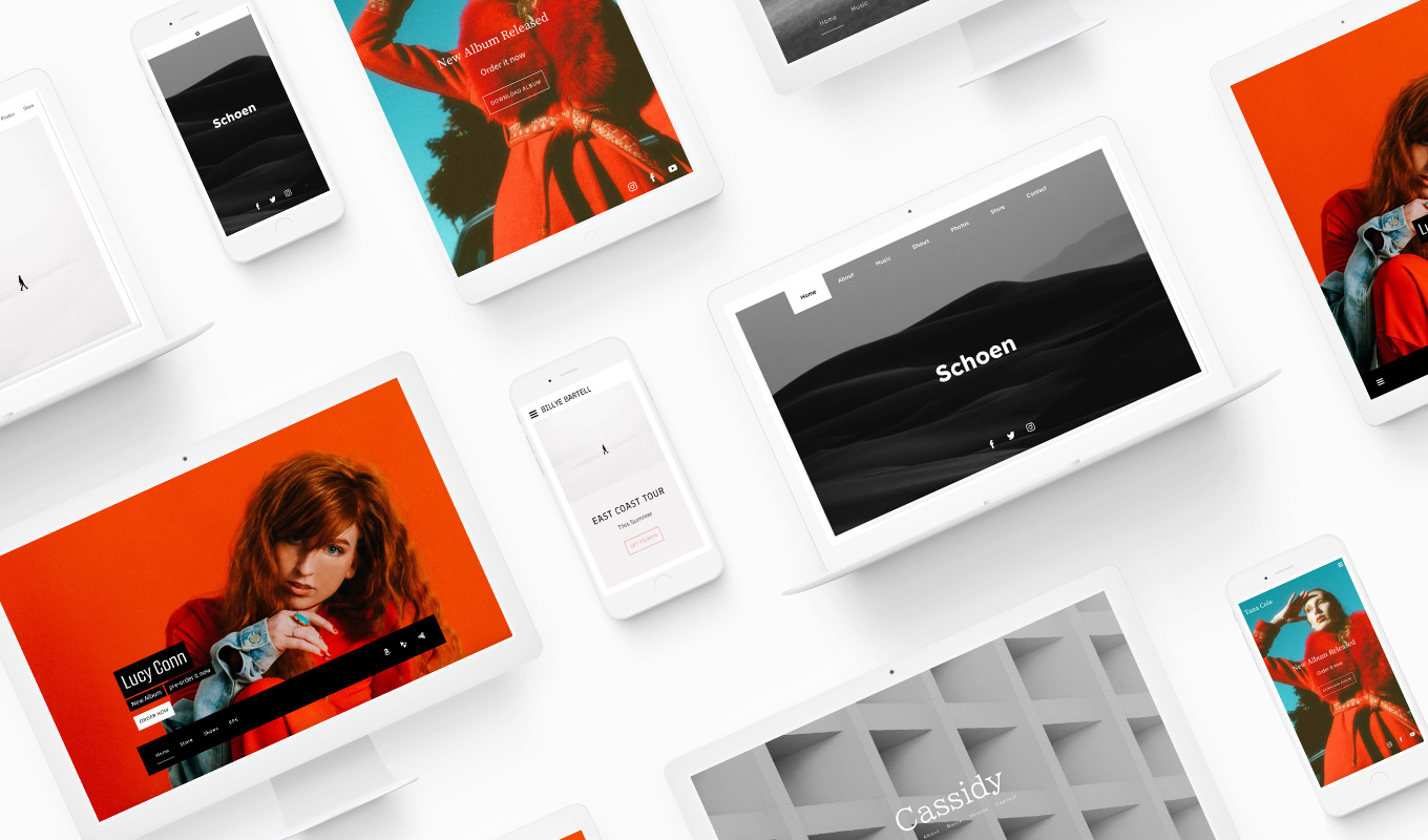 Composite image of 5 different Bandzoogle minimalist website templates, each displayed on smartphones and laptops