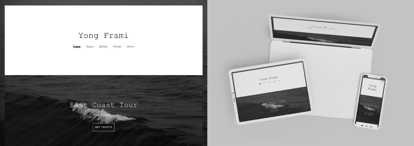 Header section of website using the Nadia minimalist website template, with mockup of the website on laptop, tablet, and smartphone to the right