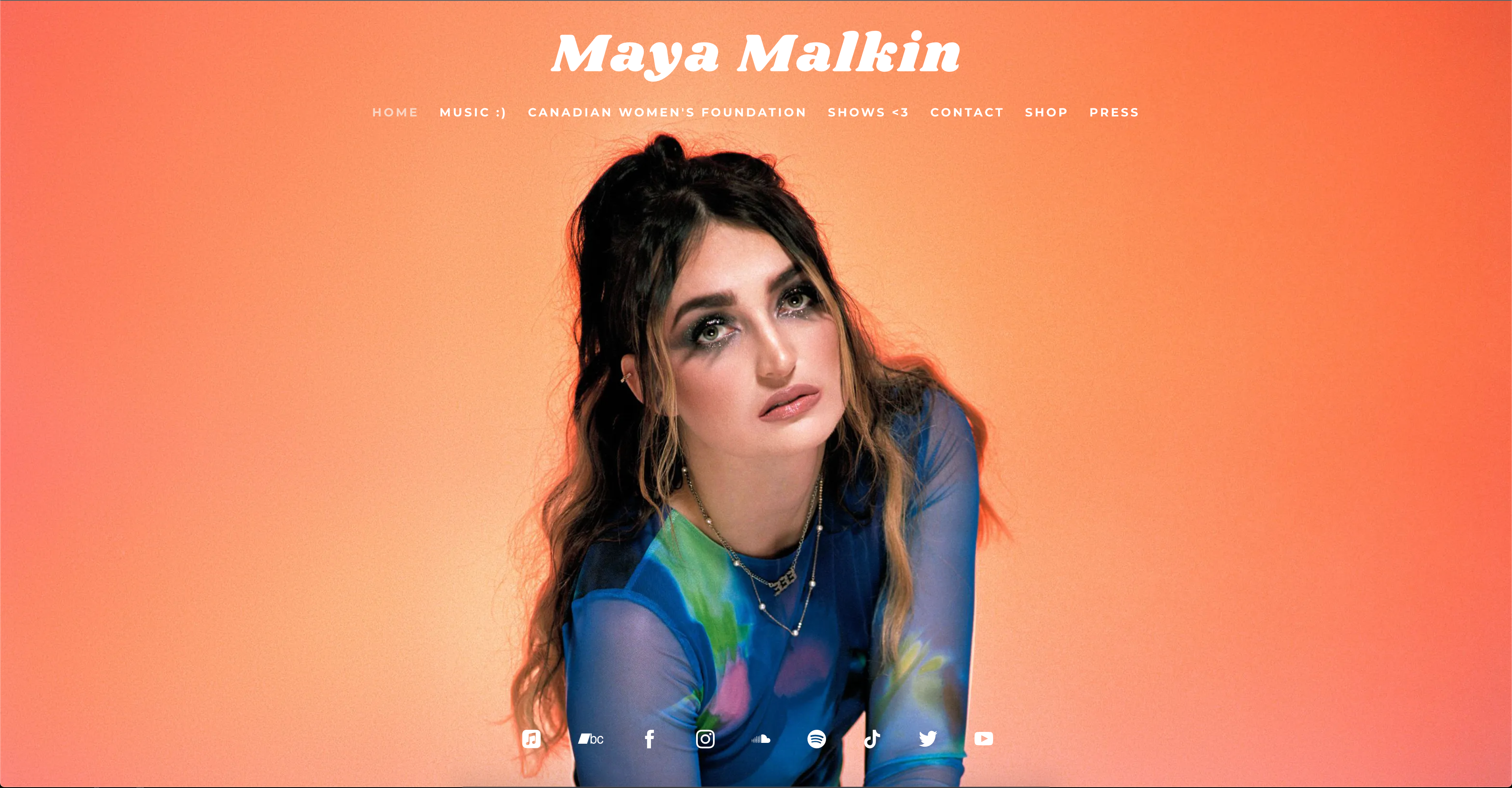 Screenshot from mayamalkin.com home page, built using a Bandzoogle website template.