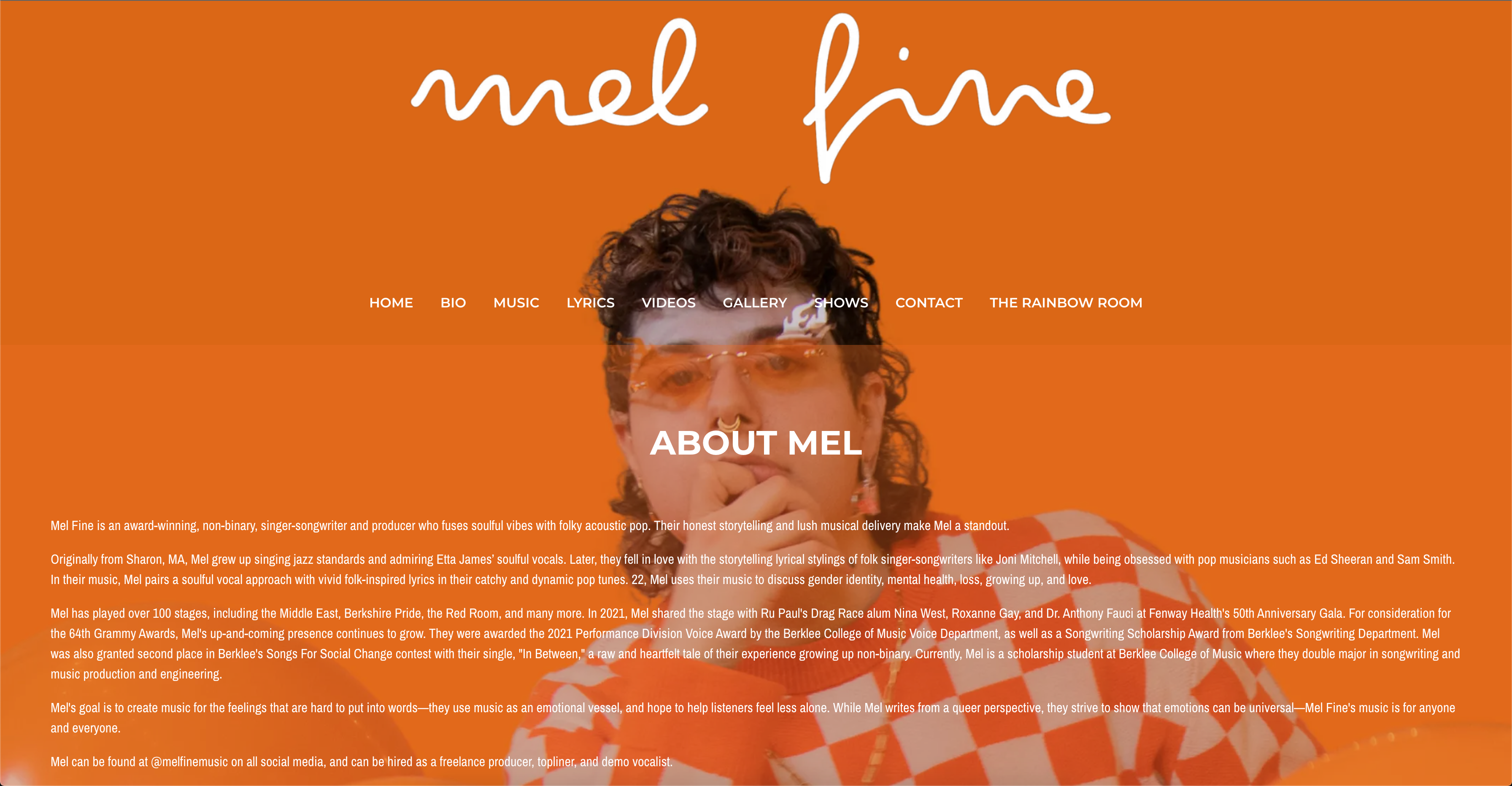 Screenshot from melfinemusic.com/bio, built using a Bandzoogle website template.