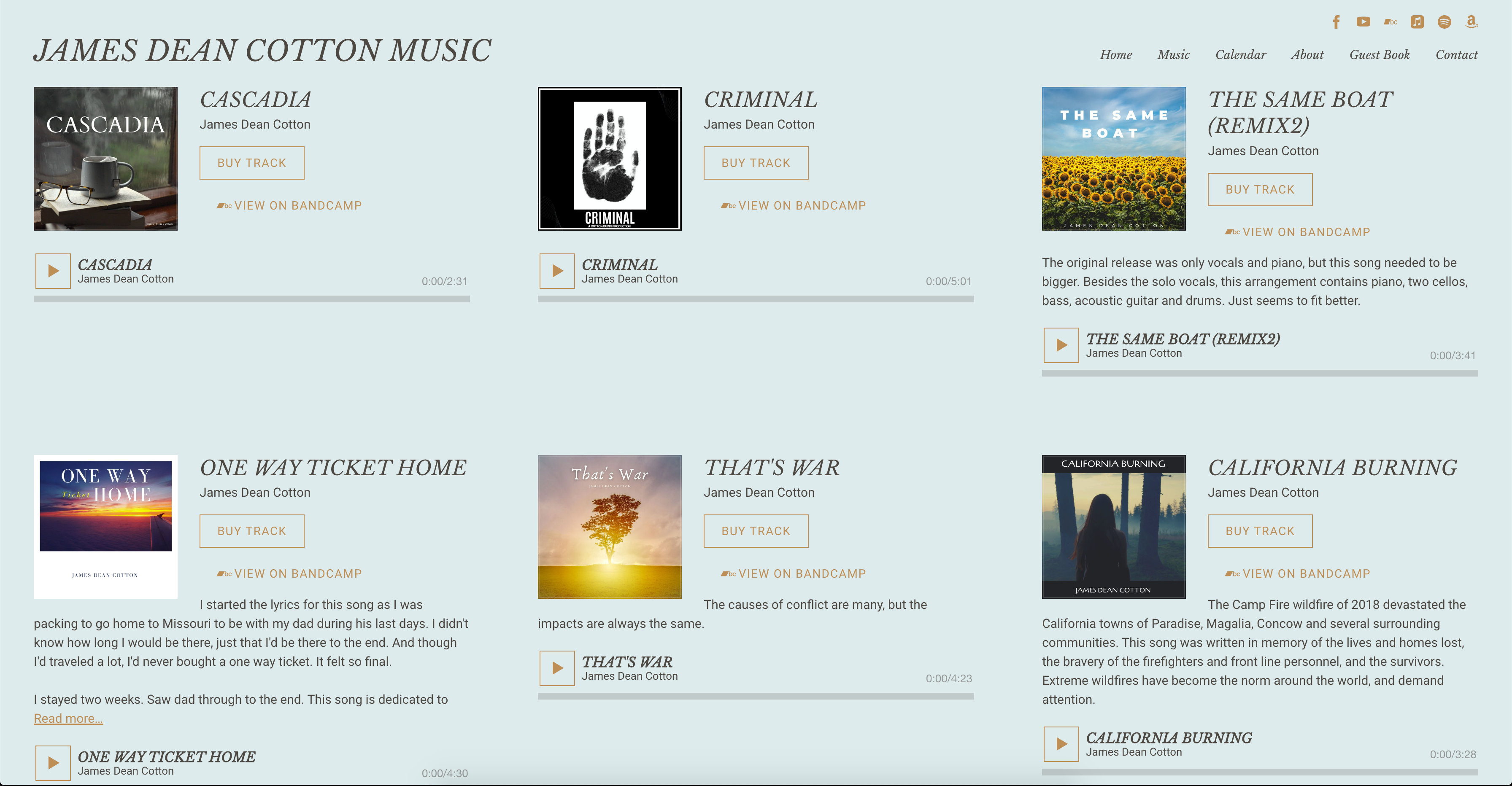 Screenshot from jamesdeancottonmusic.com/home#music, built using a Bandzoogle website template.