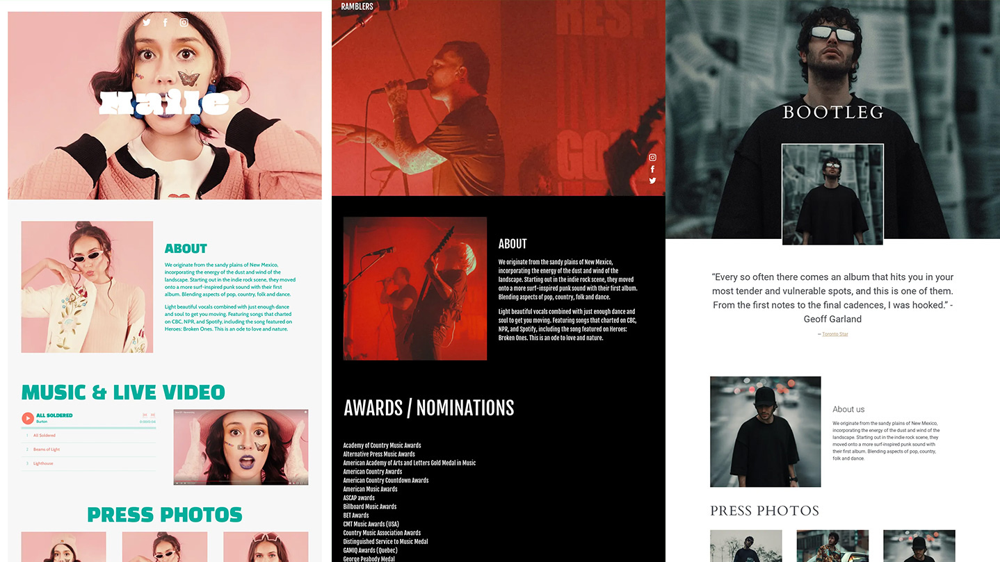 Screenshots of three musicians' online EPKs: Maile, Ramblers, and Bootleg