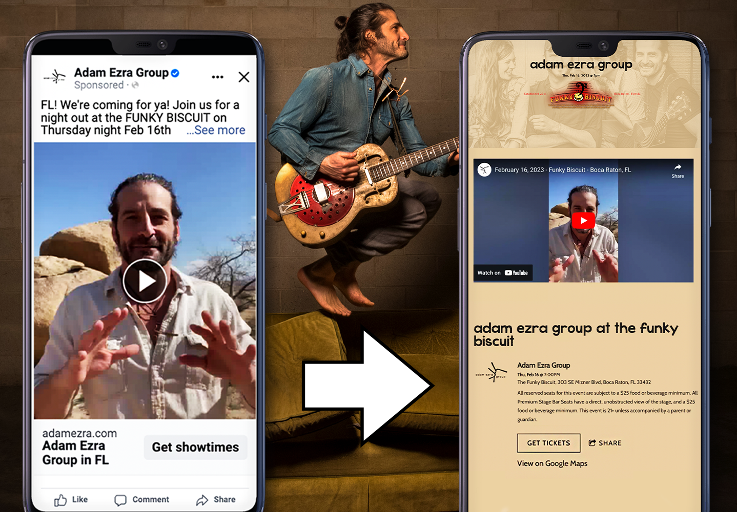Two smartphone screenshots from the Adam Ezra website, showing a sponsored ad and its corresponding landing page. Picture of Adam Ezra in the background.