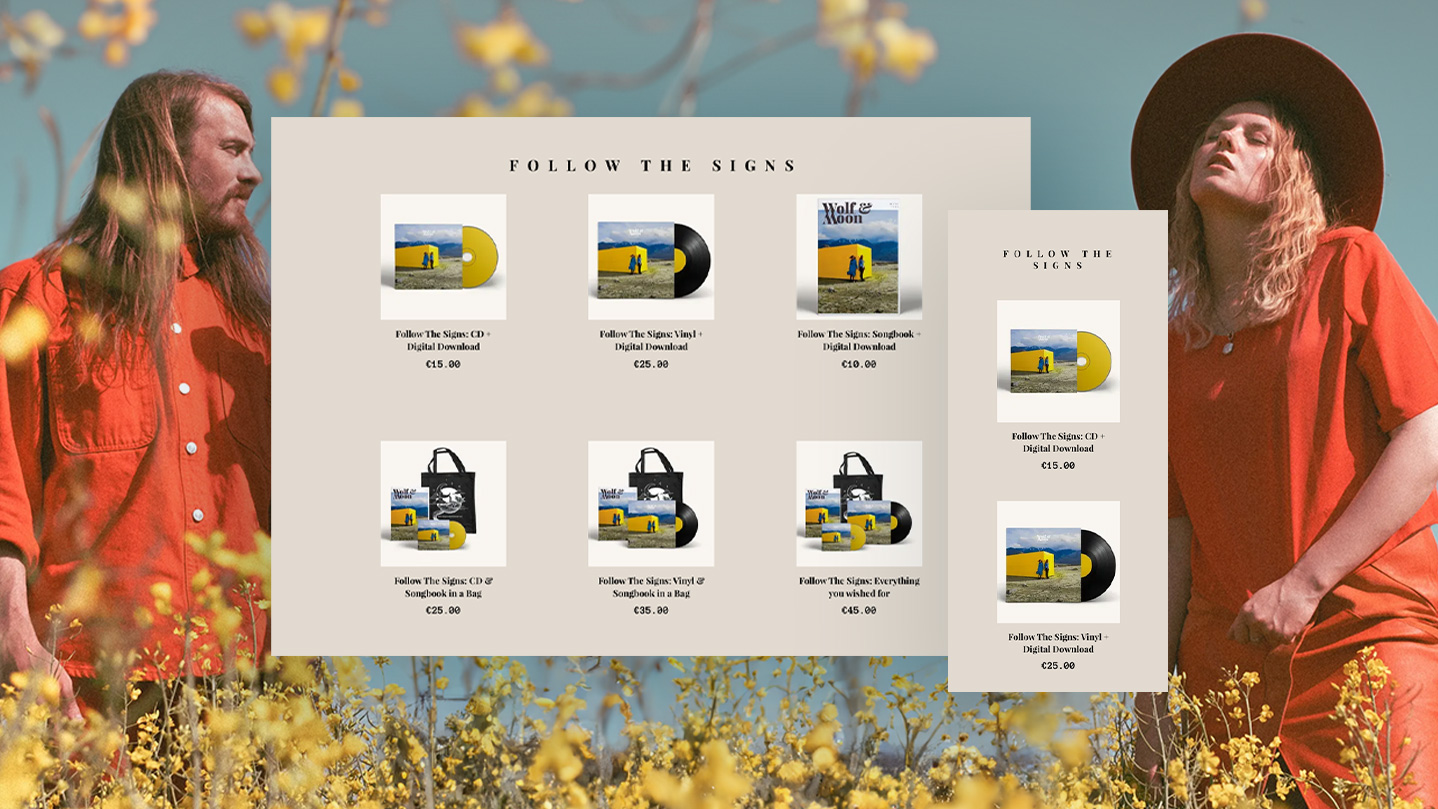 Screenshot from desktop and mobile website view of multiple album items and bundles available for purchase, overtop of a background image of the band (man and woman dressed in orange, standing in a field of yellow flowers)