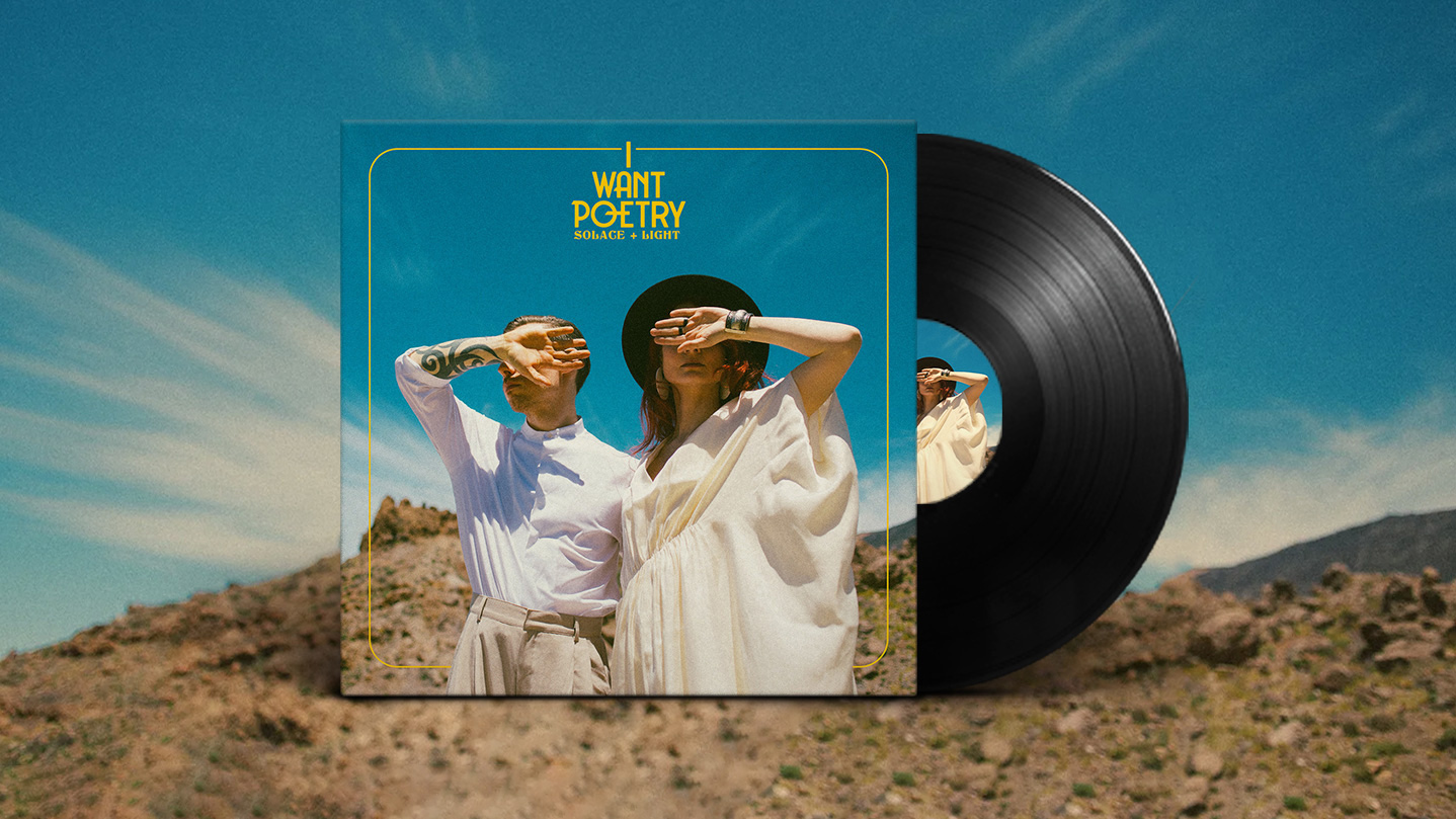 Mockup of vinyl record and album cover, named 'I Want Poetry' by Solace + Light