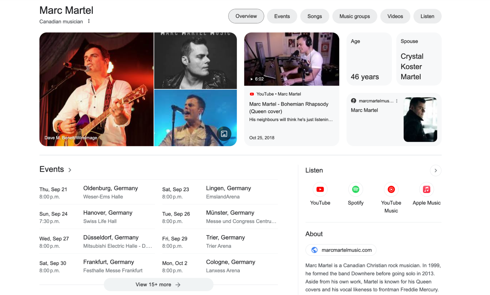 Screenshot of artist Marc Martel's Google SERP page, displaying events listings amongst other content