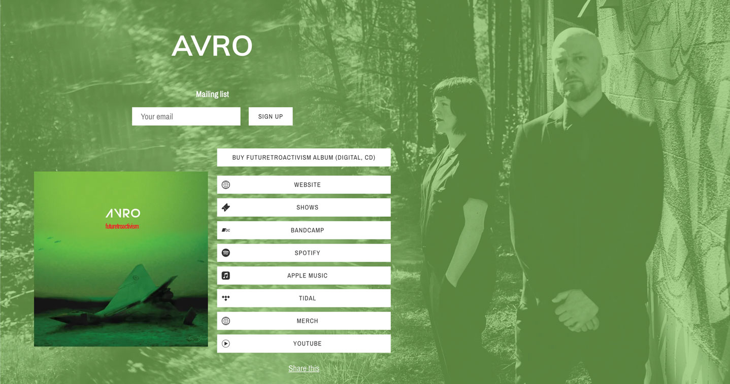 Screenshot of artist Avro's Smart Links page