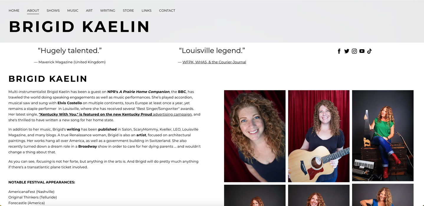 How to design a songwriter website - screenshot of artist Brigid Kaelin's 'About' page.