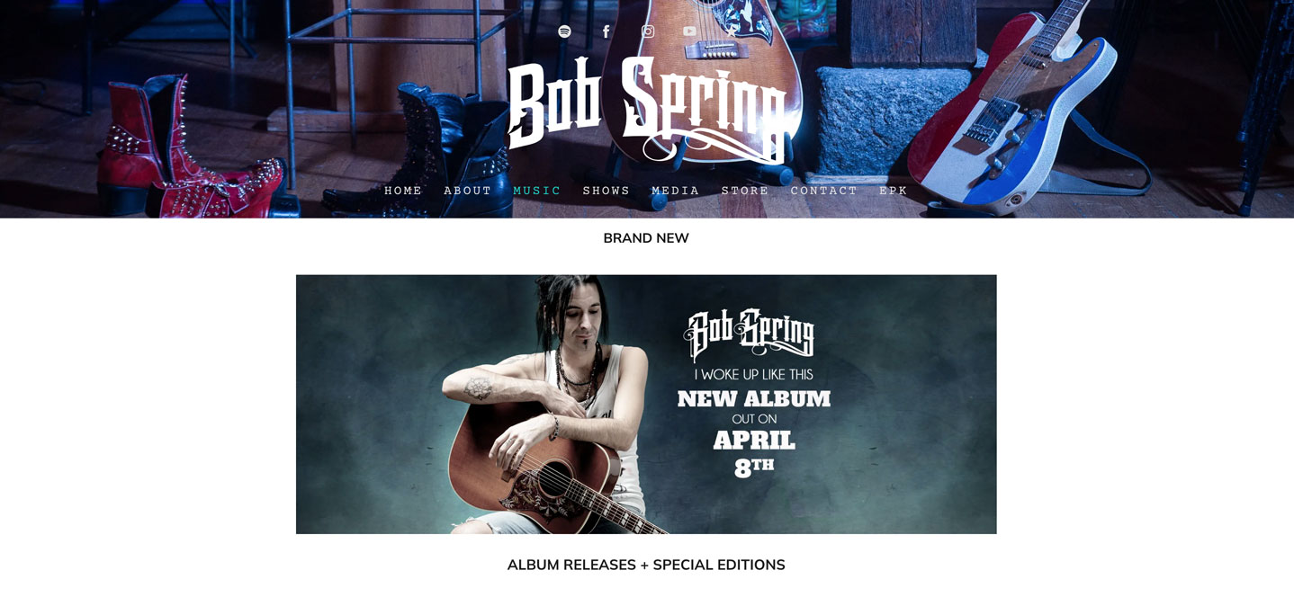 How to design a songwriter website - screenshot of artist Bob Spring's 'Music' page.