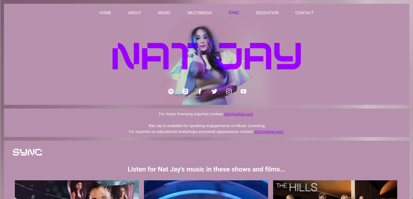 How to design a songwriter website - screenshot of artist Nat Jay's 'Sync' page.