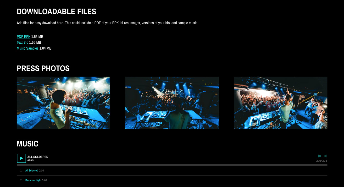 EPK layout template, released to Bandzoogle members in 2023