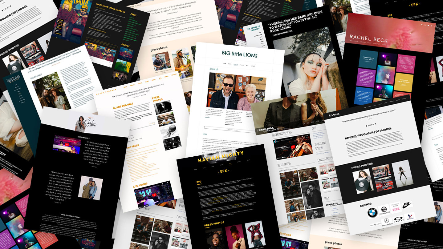 Bandzoogle blog: How to create an EPK for your music - image or several Bandzoogle EPK screenshots clustered together