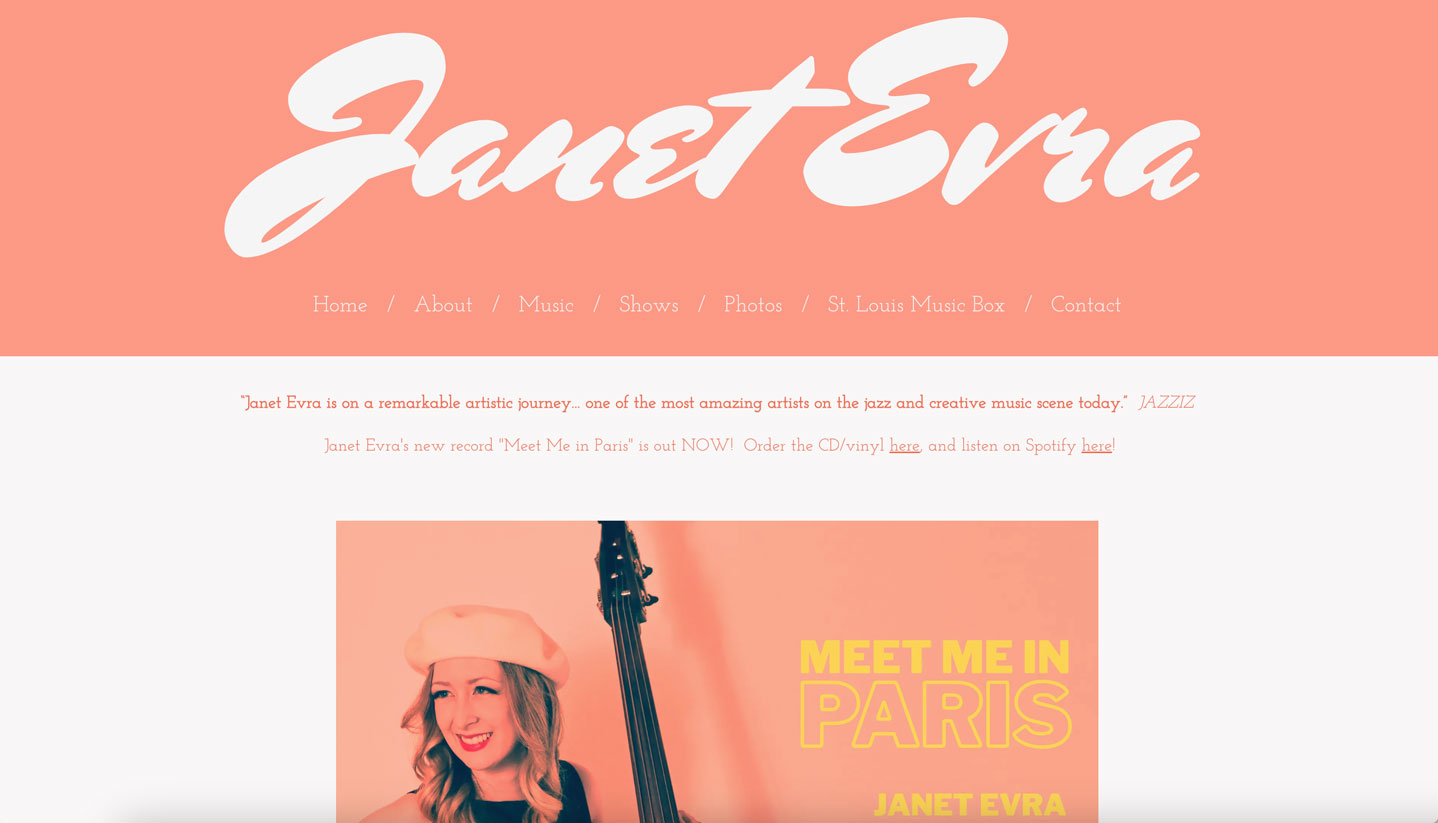 15 of the best music website designs: screenshot of Janet Evra website