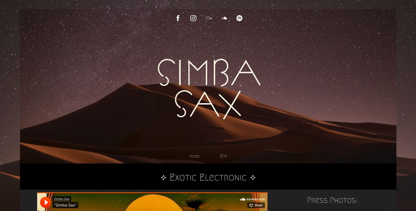 15 of the best music website designs: screenshot of Simbra Sax website