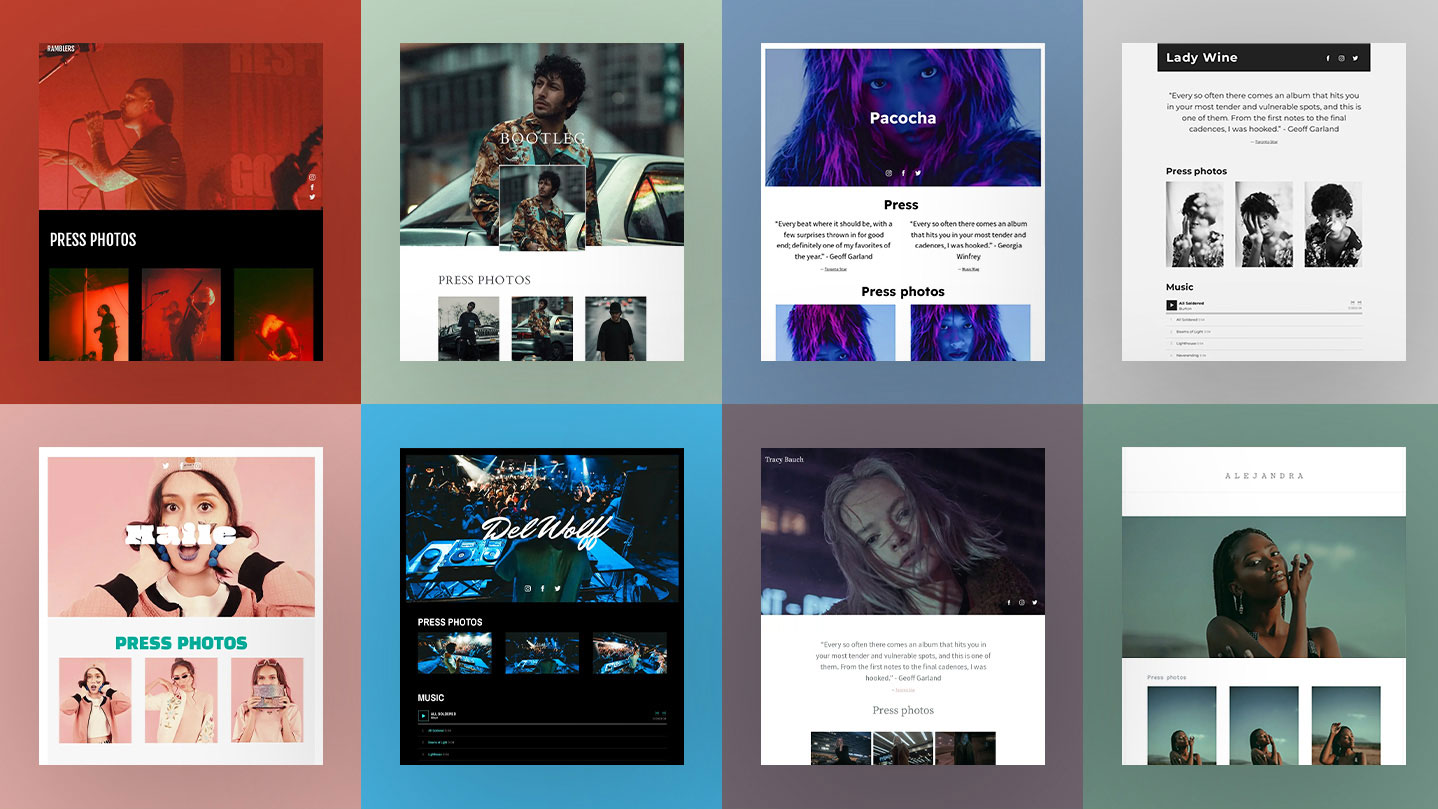 How to create an EPK using a template. Image of 8 different EPK examples built with EPK templates. 