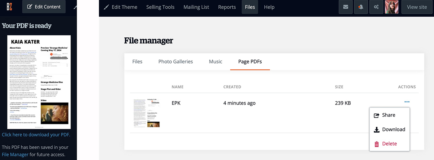 Bandzoogle has new PDF page export options. Screenshot of PDF download menu and file manager. 