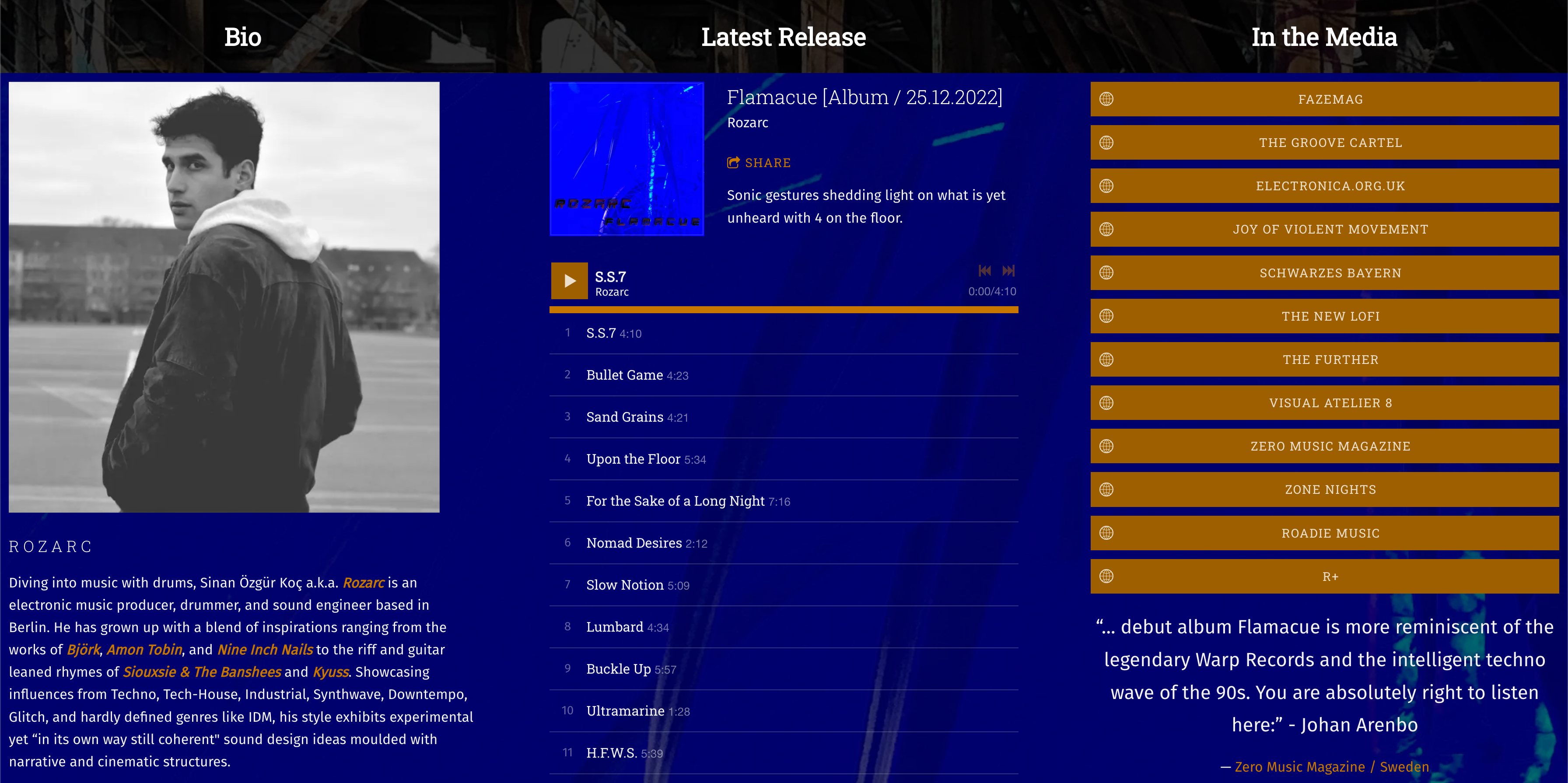 Bandzoogle - best Smart Link pages for musicians. Screenshot of artist Rozarc's music website, Smart Links page