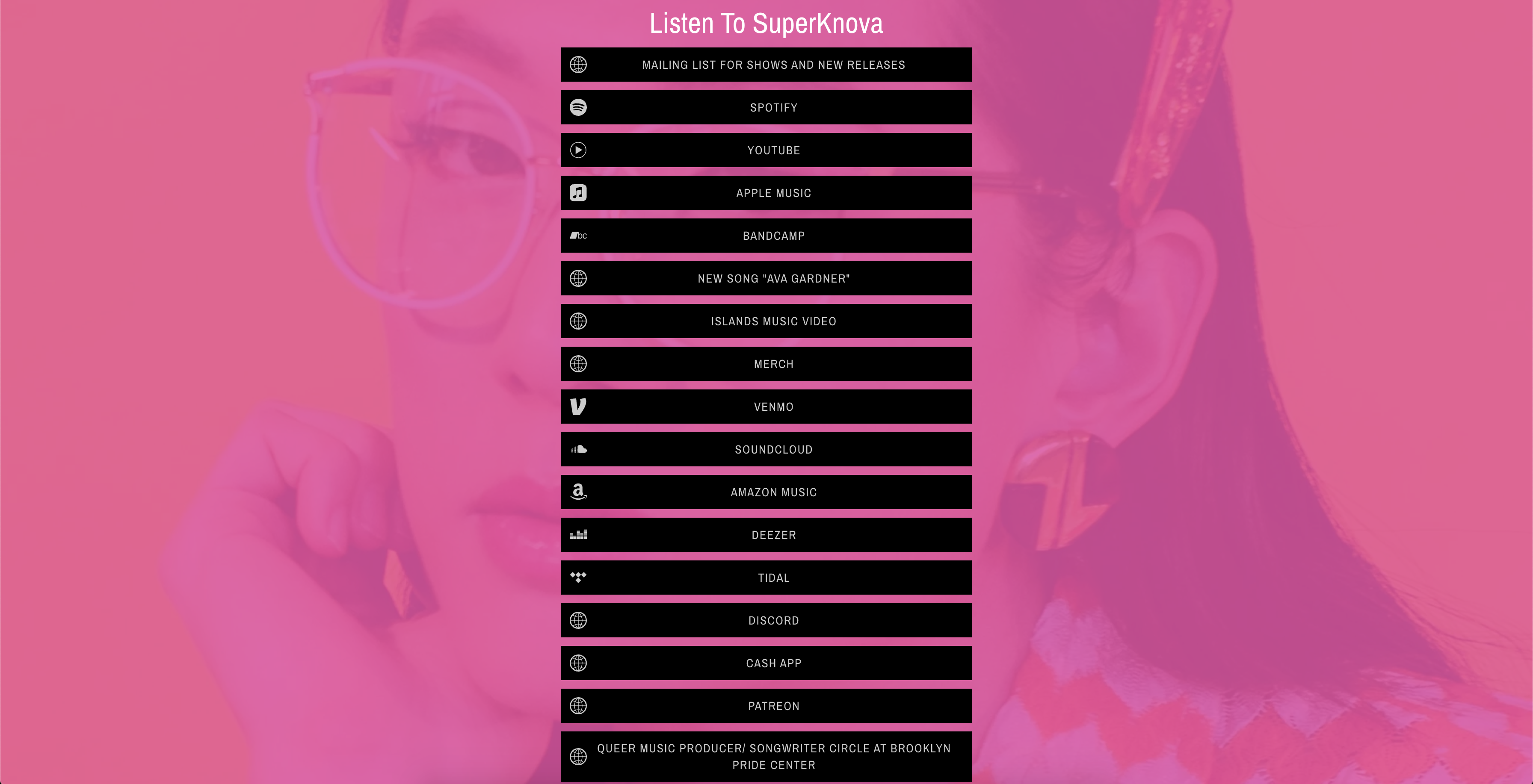 Bandzoogle - best Smart Link pages for musicians. Screenshot of artist Superknova's music website, Smart Links page