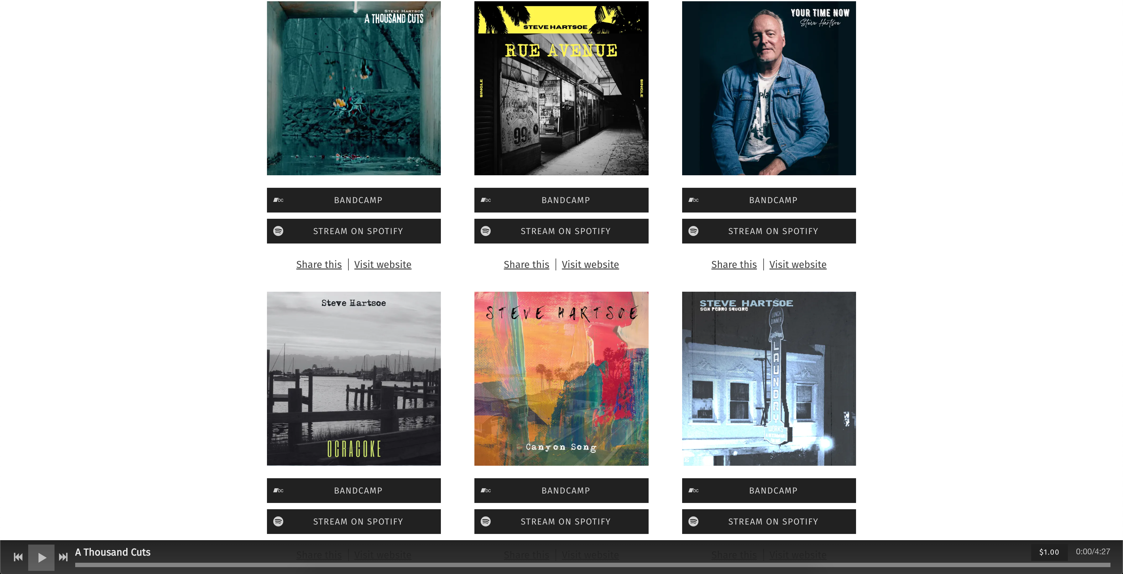 Bandzoogle - best Smart Link pages for musicians. Screenshot of artist Steve Hartsoe's music website, Smart Links page