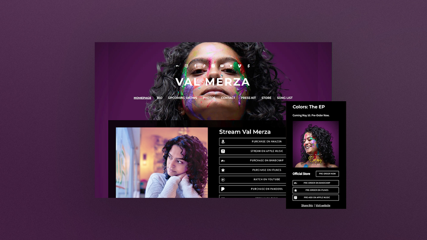 Bandzoogle - best Smart Link pages for musicians. Screenshot of artist Val Merza's music website