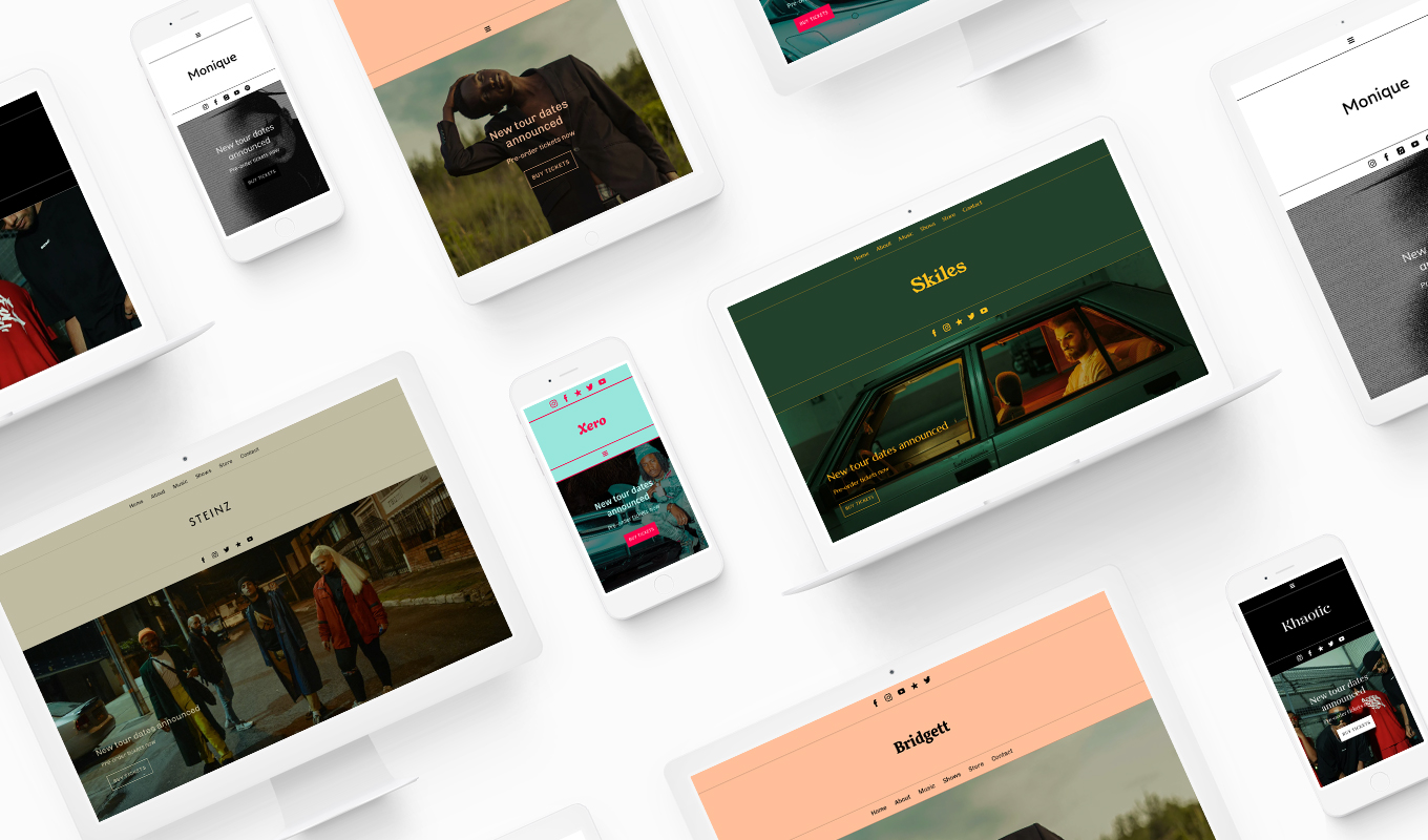 Bandzoogle's New Website Template: Amelia. Visual montage of theme variations on an array of electronic devices.