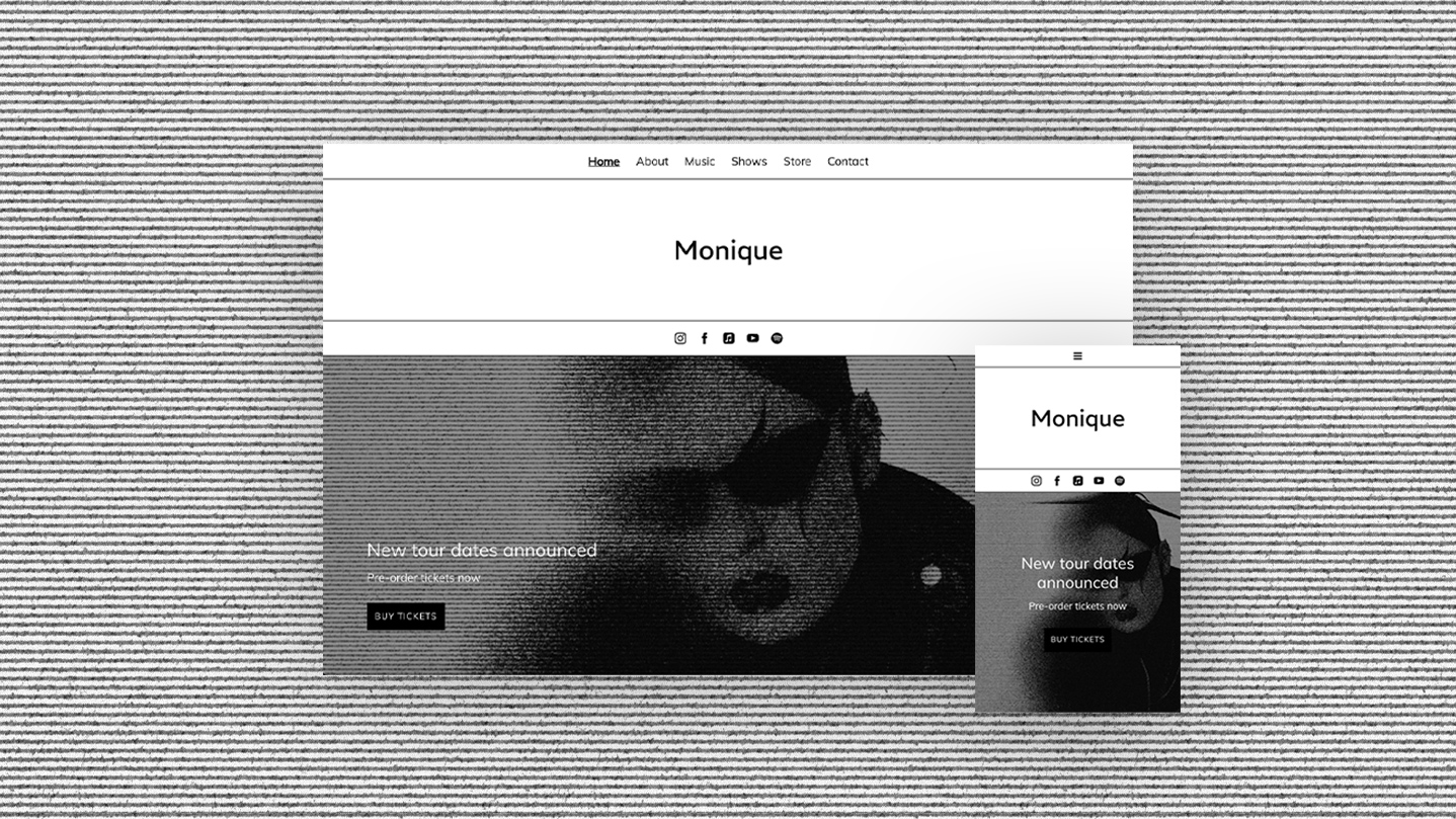 Bandzoogle's New Website Template: Amelia. Visual montage of the Neutral variant.