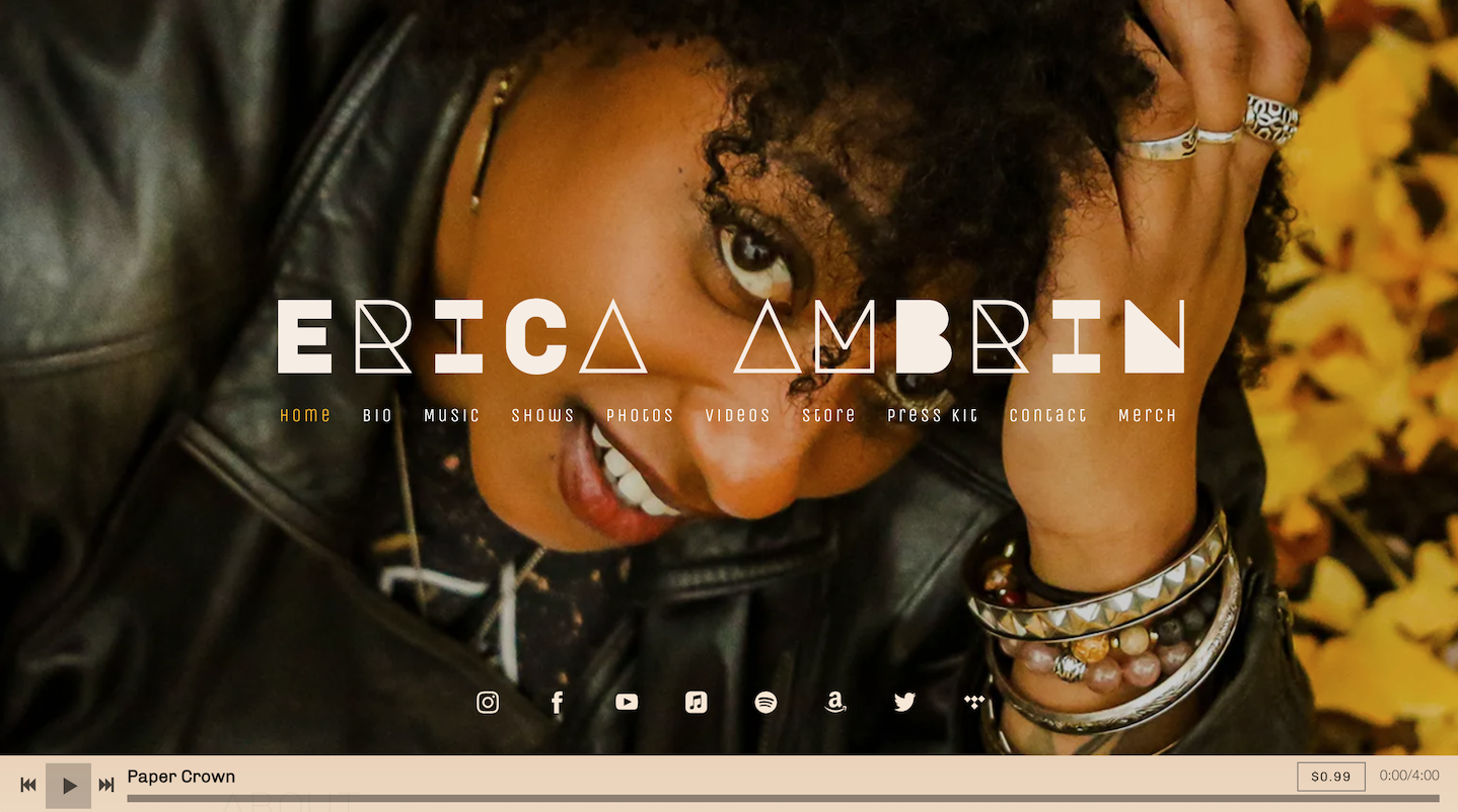 How to build a singer website: screenshot of artist Erica Ambrin's music website