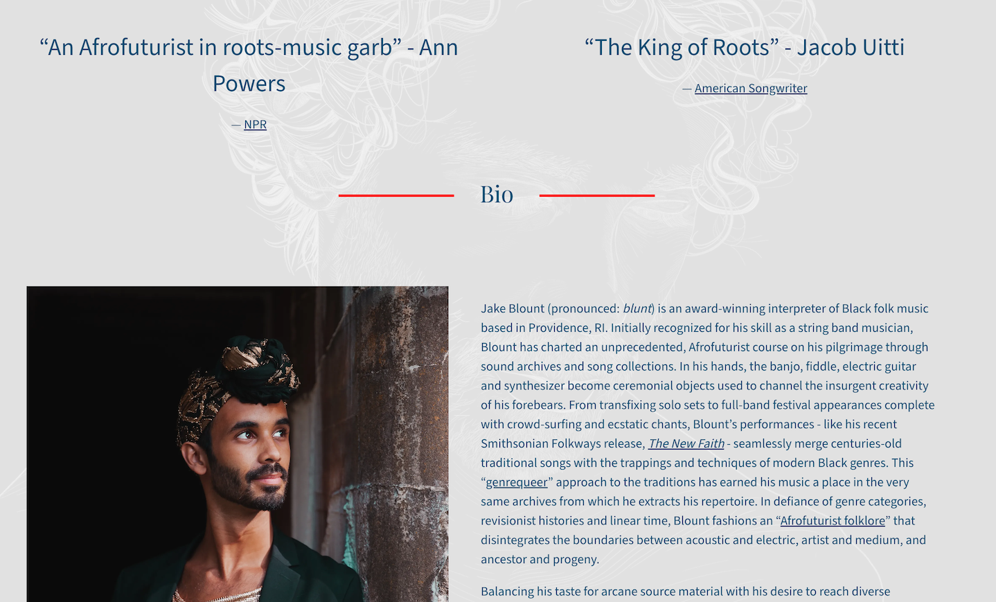 How to build a singer website: screenshot of artist Jake Blount's music website