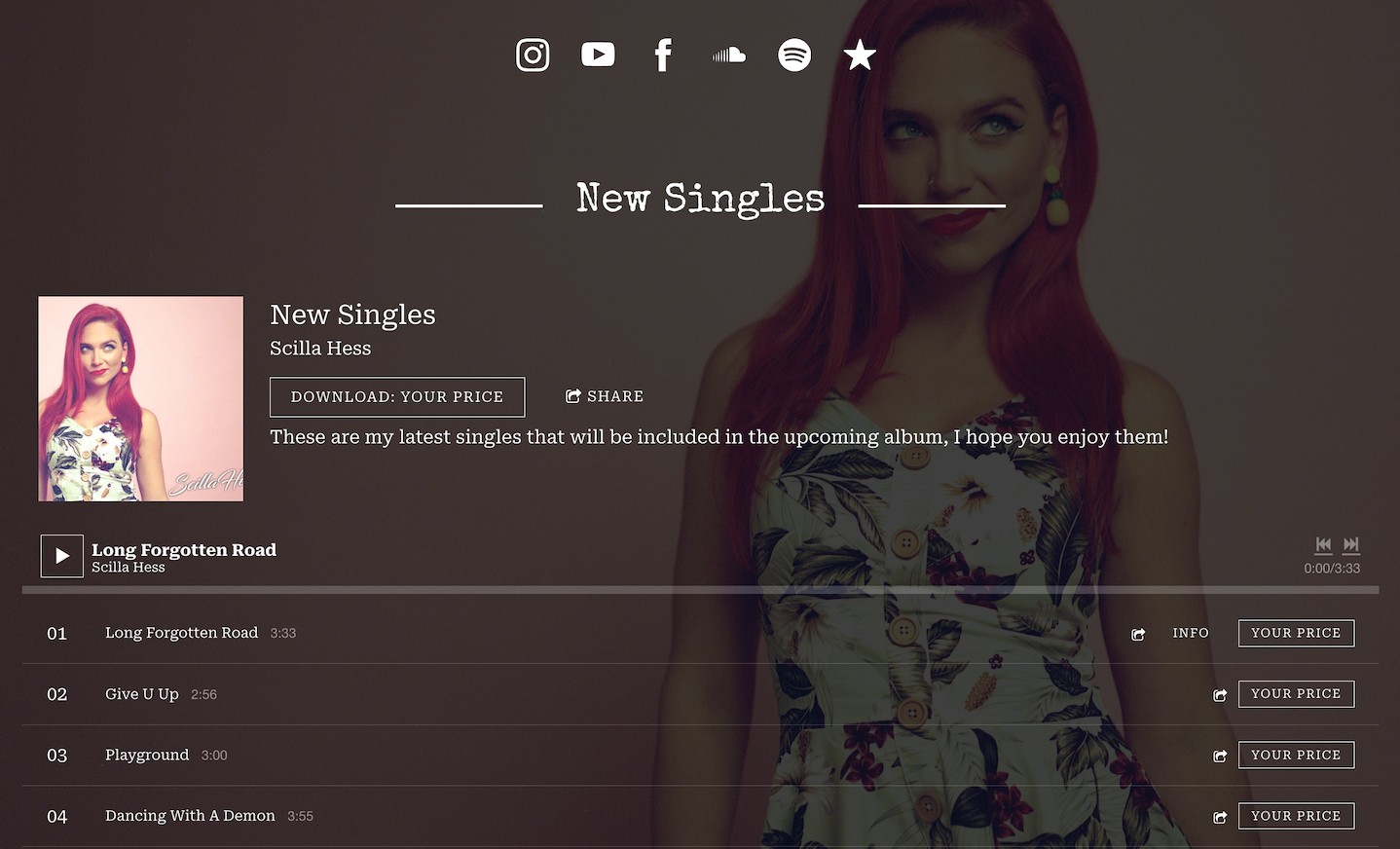 How to build a singer website: screenshot of artist Scilla Hess' music website