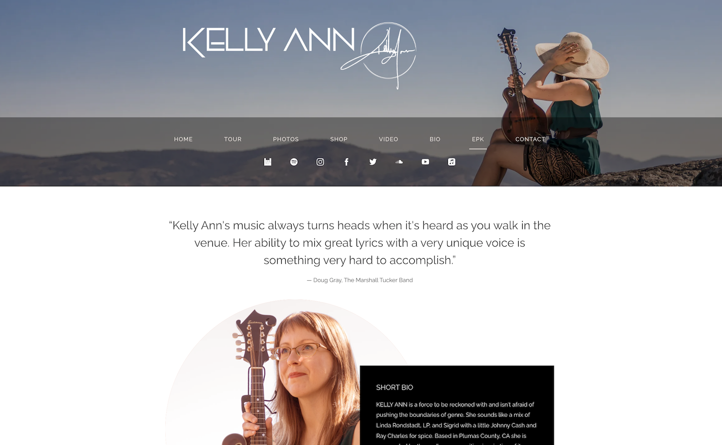 How to build a singer website: screenshot of artist Kelly Ann's music website
