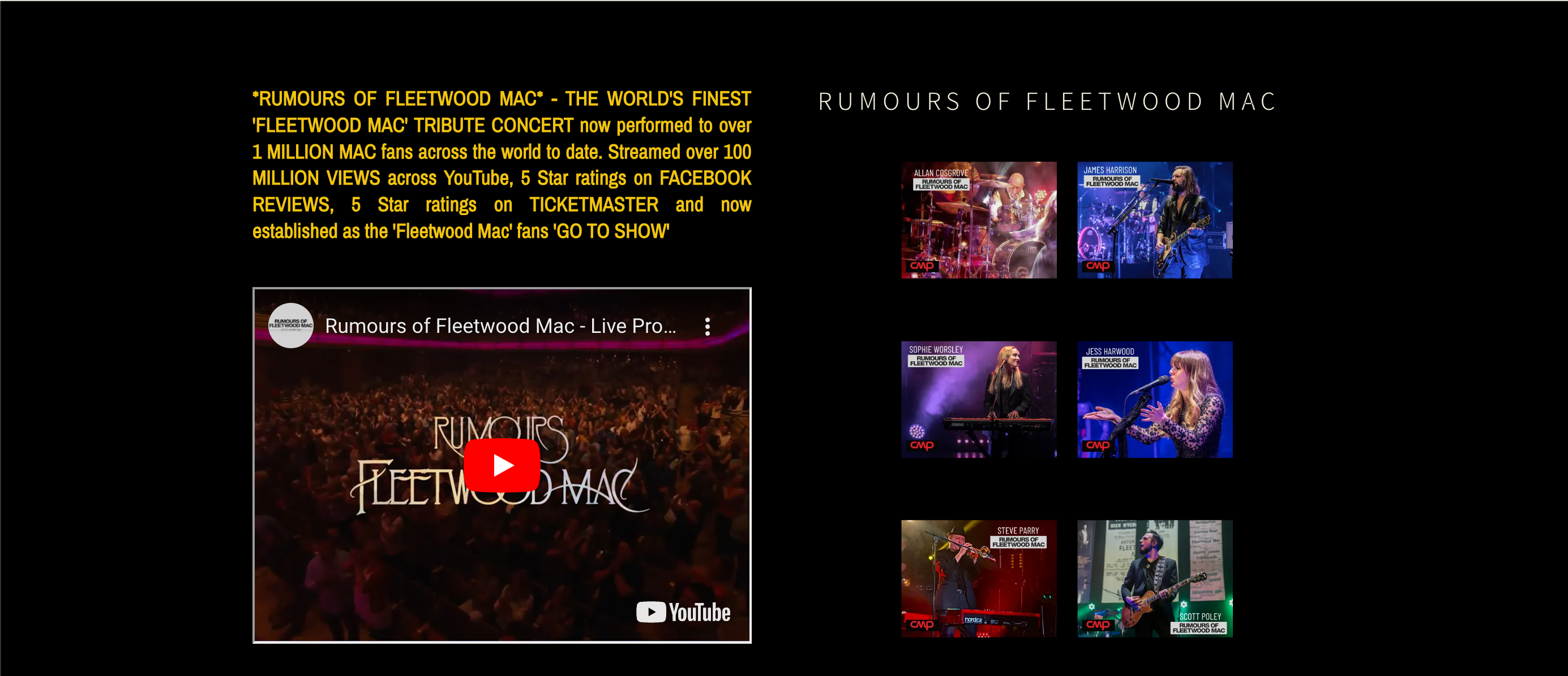 Bandzoogle blog: 6 things to add to your music portfolio. Screenshot from artist Rumors of Fleetwood Mac's Bandzoogle website.