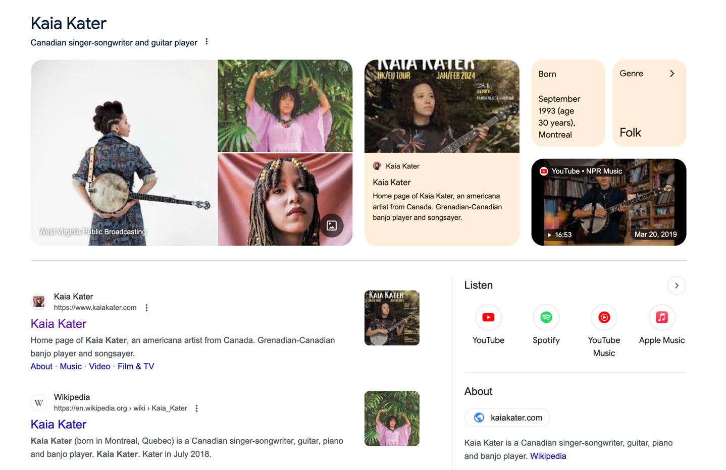 Google Search Console screenshot for musician Kaia Kater