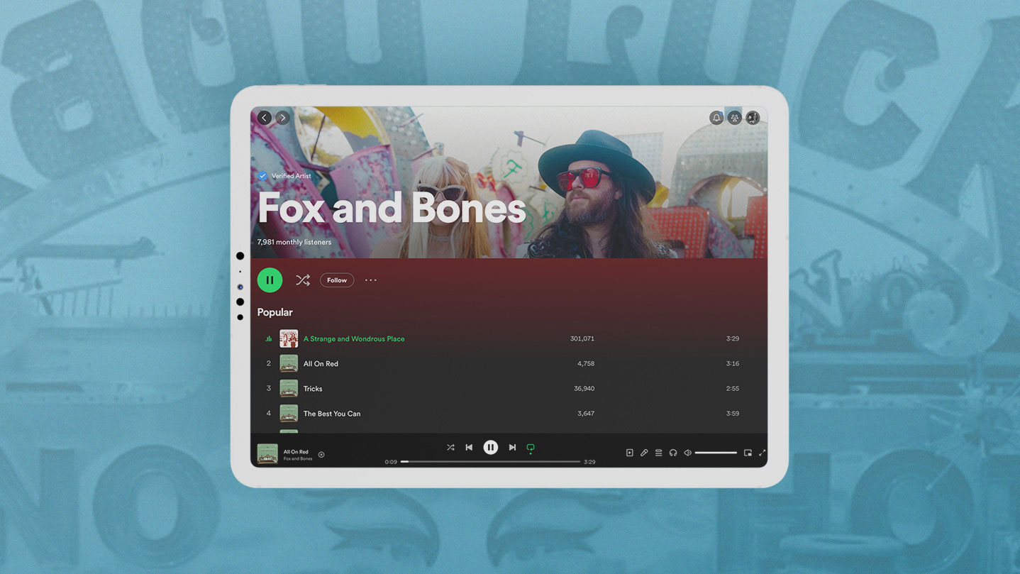 Bandzoogle blog: The complete guide to marketing your music online. Image of a tablet displaying artist Fox and Bones' Spotify account.